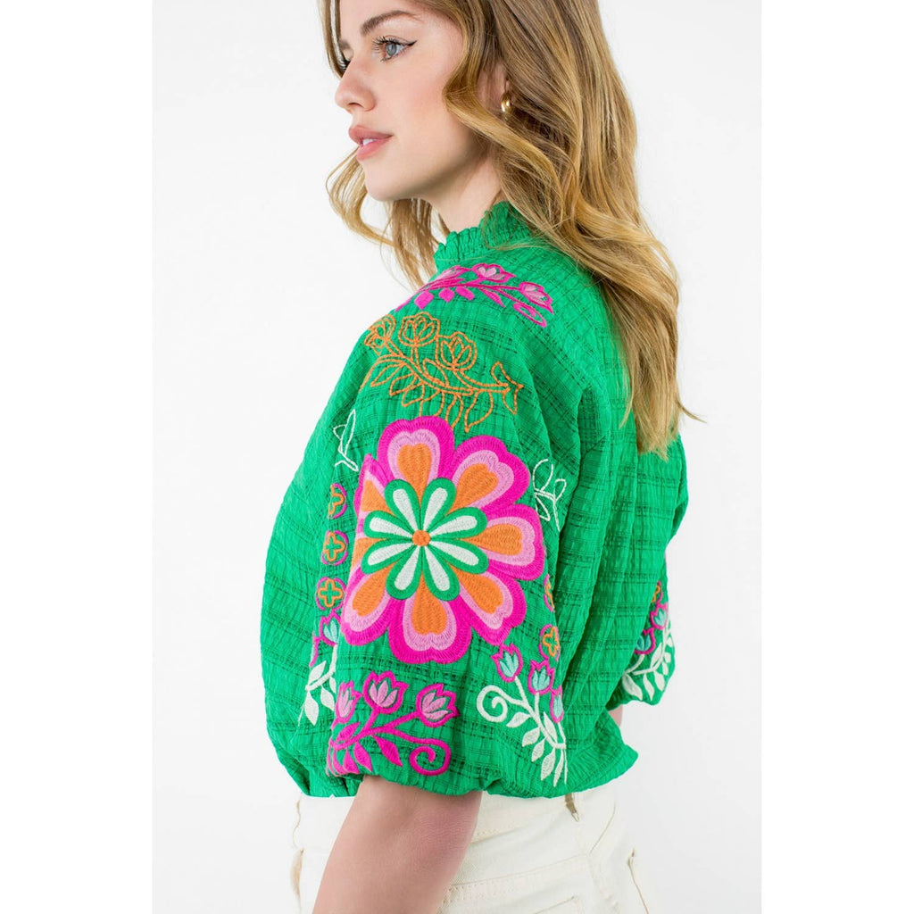 Green Embroidered Puff Sleeve Top