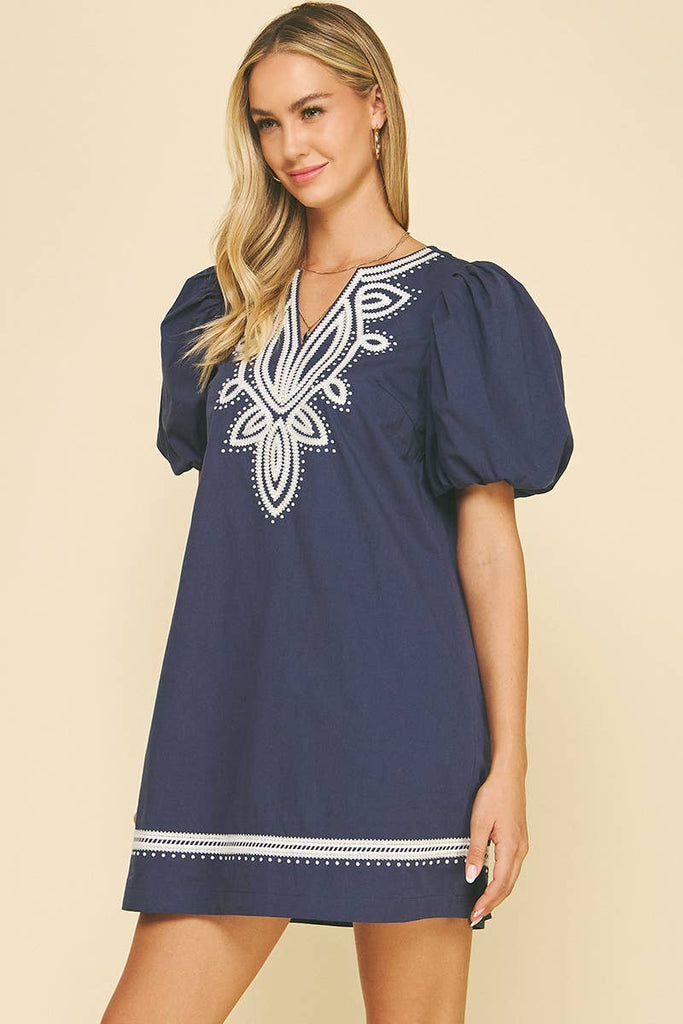Navy Embroidered Flourish Dress