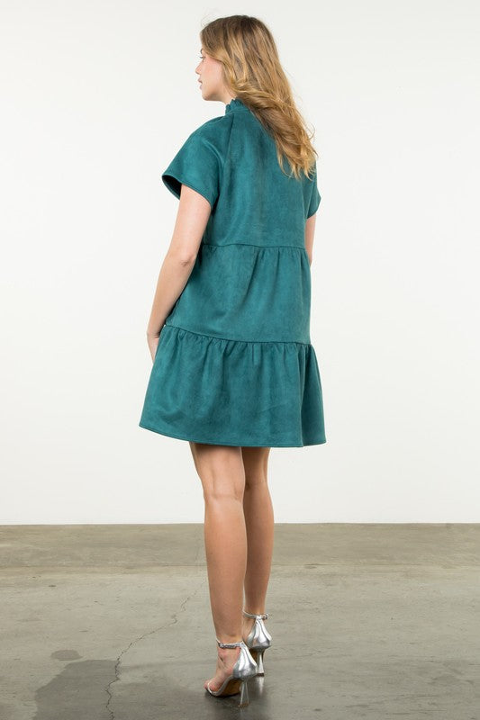 Teal Faux Suede Tiered Dress