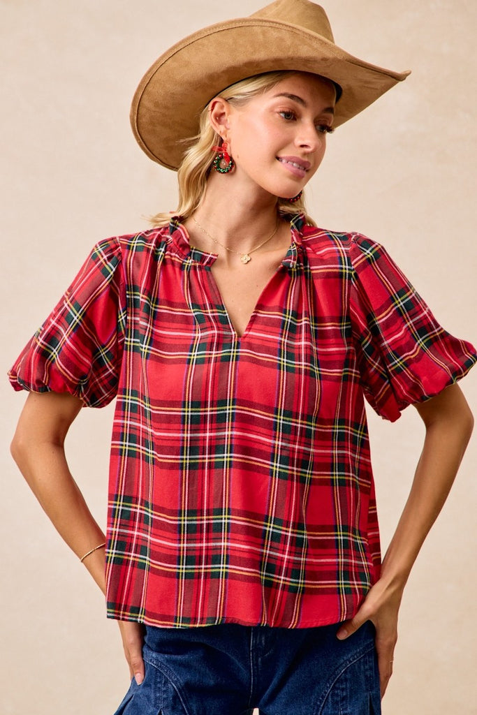 Red Plaid Puff Sleeve Top
