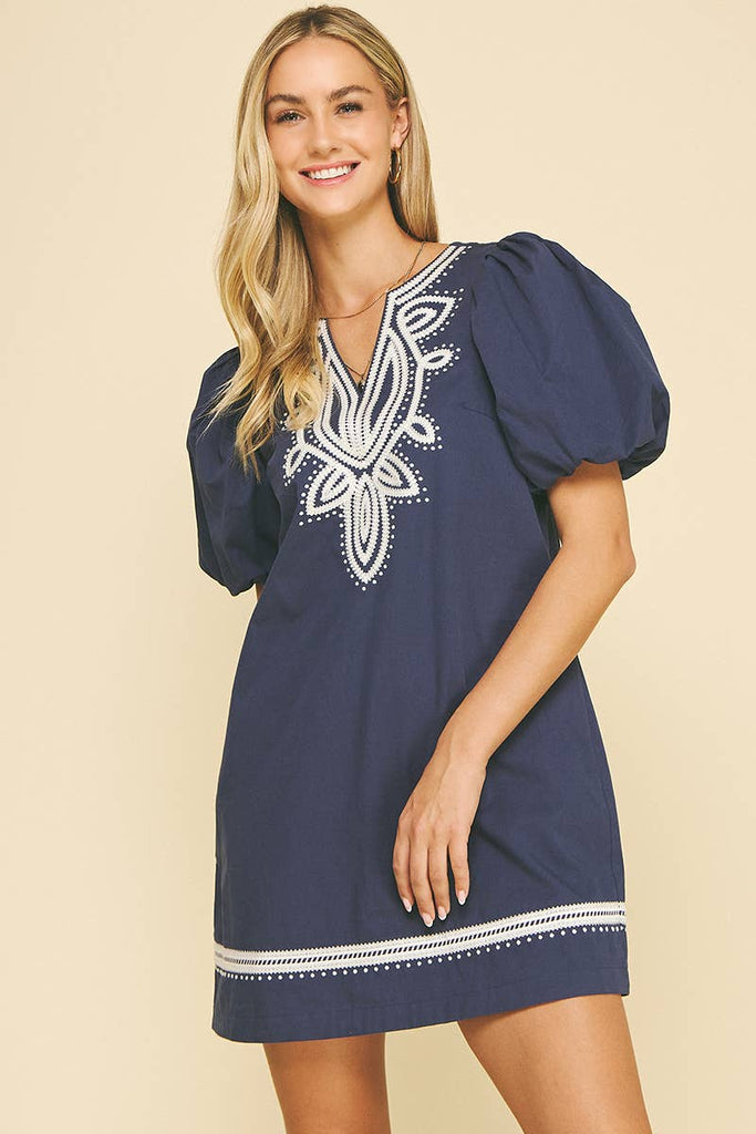 Navy Embroidered Flourish Dress
