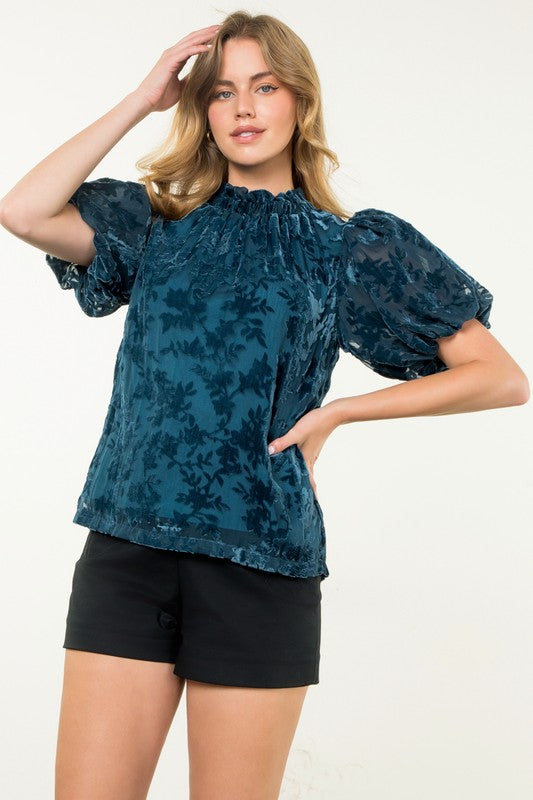 Floral Velvet Burnout Puff Sleeve Top