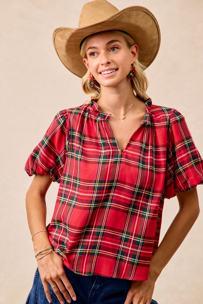 Red Plaid Puff Sleeve Top