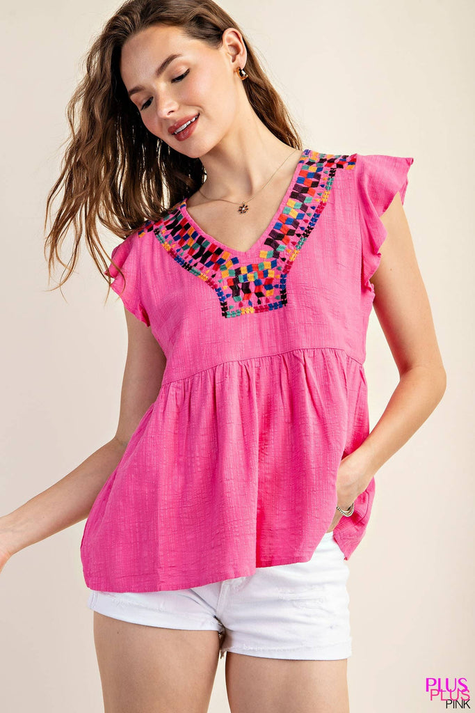 Cotton Embroidered V Neck Top