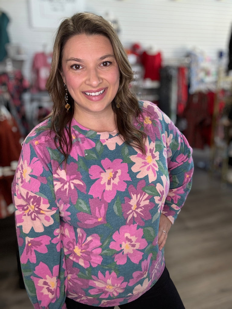 Teal Floral Long Sleeve Top