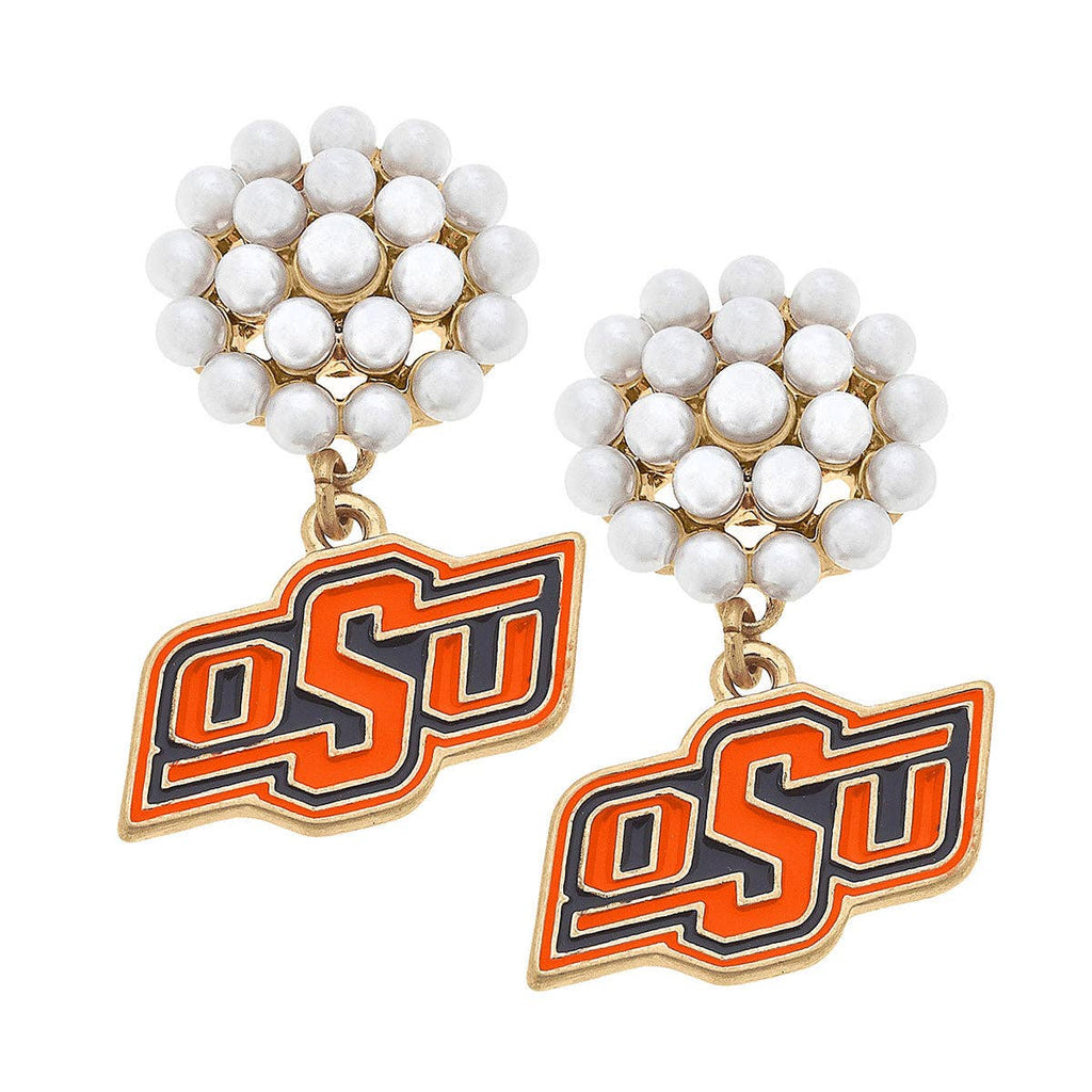 Oklahoma State Cowboys Pearl Cluster Enamel Drop Earrings