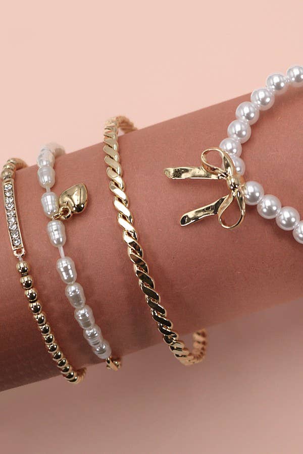 Bow Pearl Rhinestone Bracelet Set