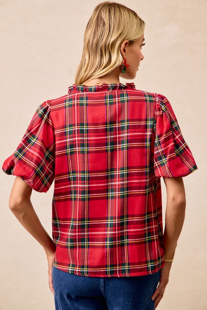 Red Plaid Puff Sleeve Top