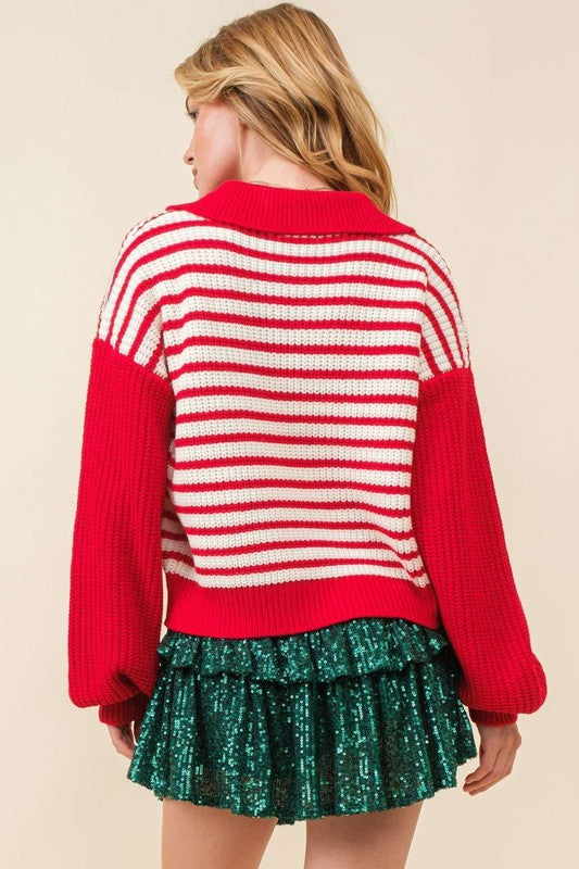 Red & White Striped Collared Sweater