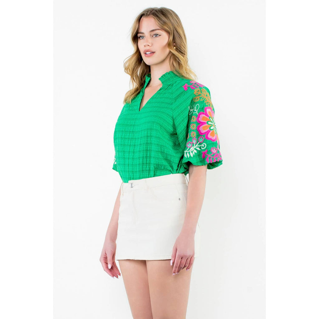 Green Embroidered Puff Sleeve Top