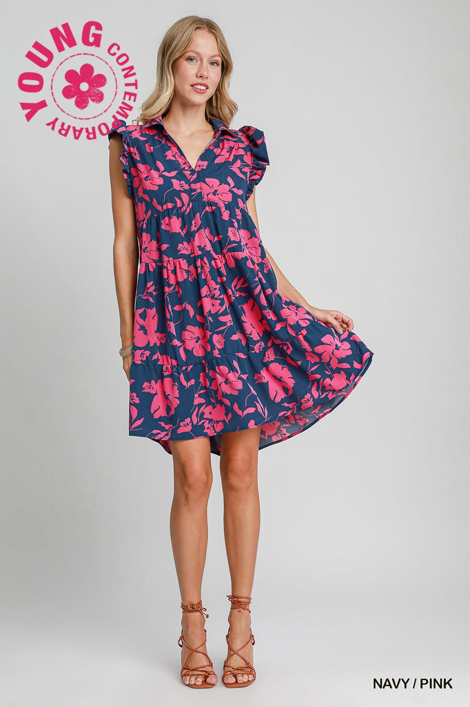 Navy Pink Floral Tiered Dress