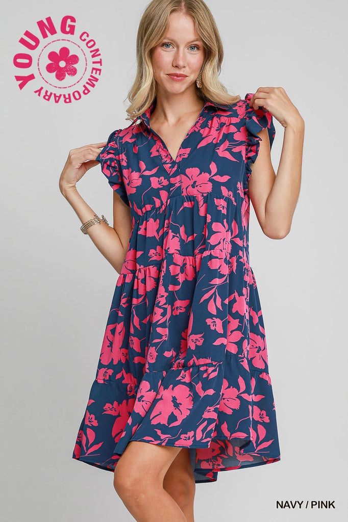 Navy Pink Floral Tiered Dress