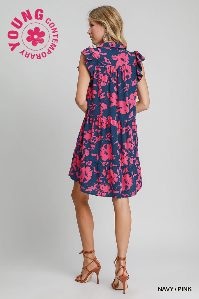 Navy Pink Floral Tiered Dress