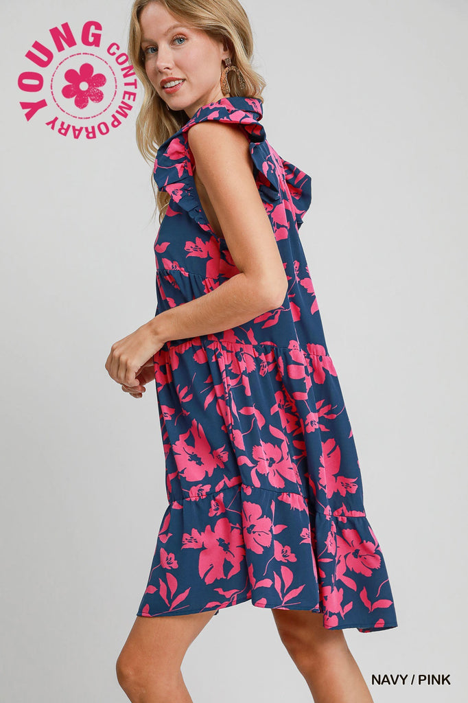 Navy Pink Floral Tiered Dress