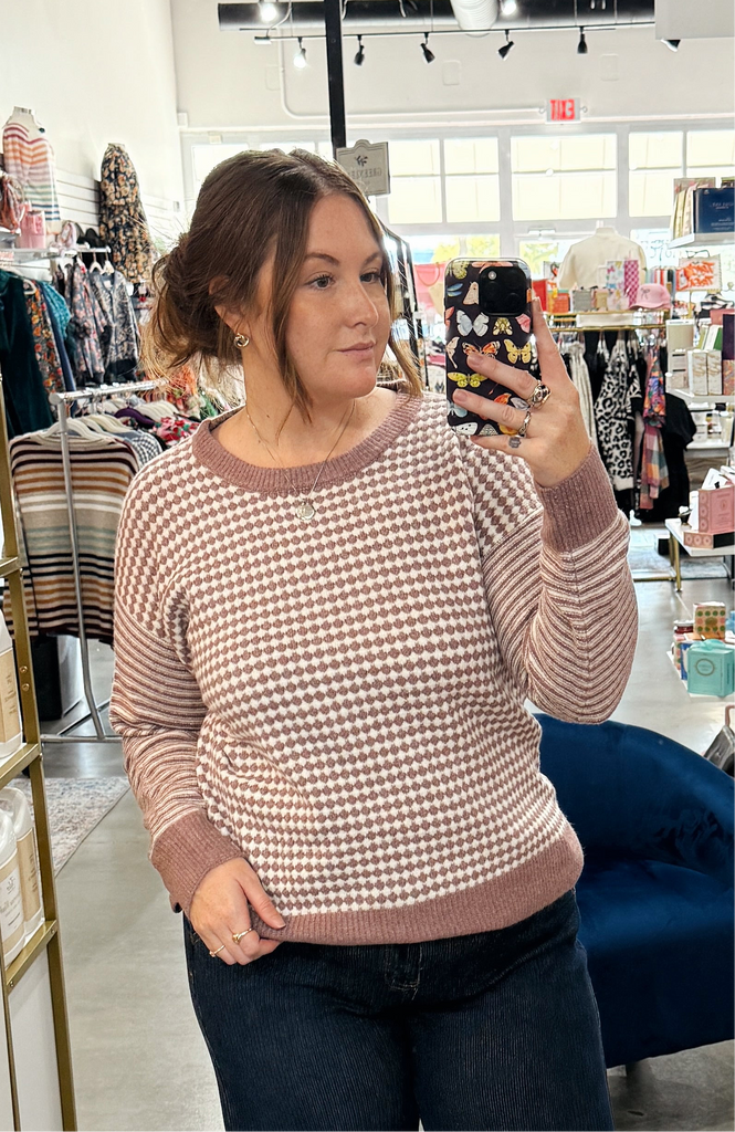 Dusty Lavender Checkboard Striped Sweater