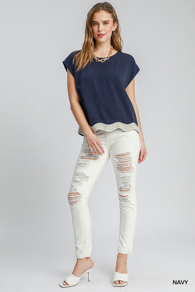 Navy Linen Bordered Top