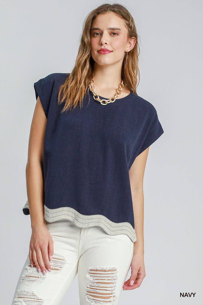 Navy Linen Bordered Top