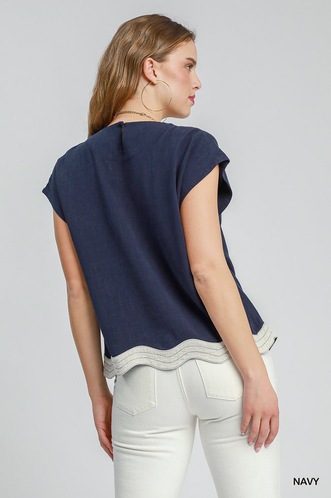 Navy Linen Bordered Top