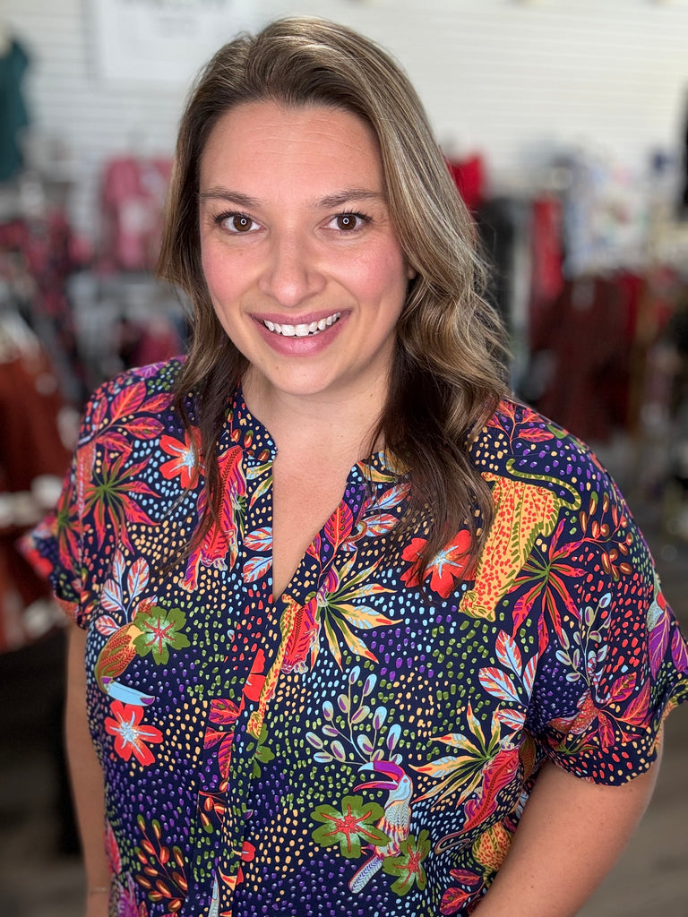 Navy Satin Cheetah Blouse