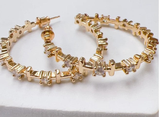 Gold Crystal Cross Hoop Earrings