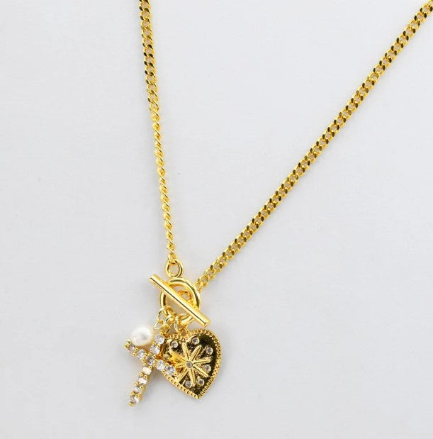 Crystal Heart Cross Charm Necklace