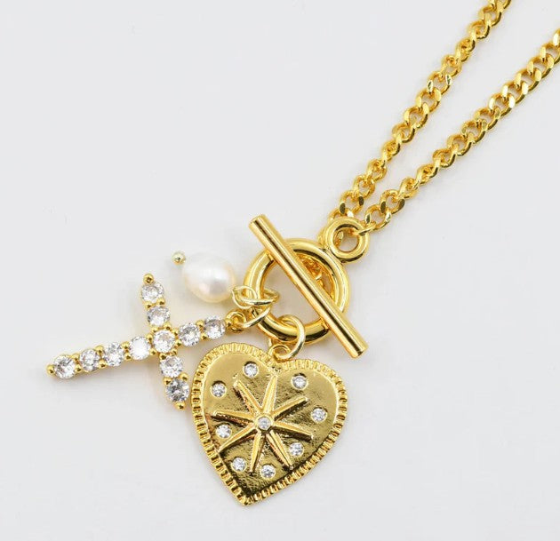 Crystal Heart Cross Charm Necklace