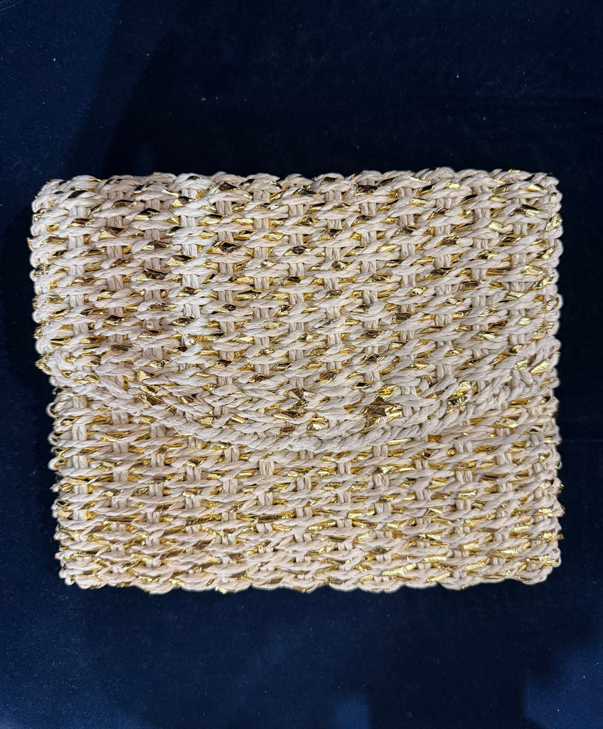 Gold Glitter Straw Clutch