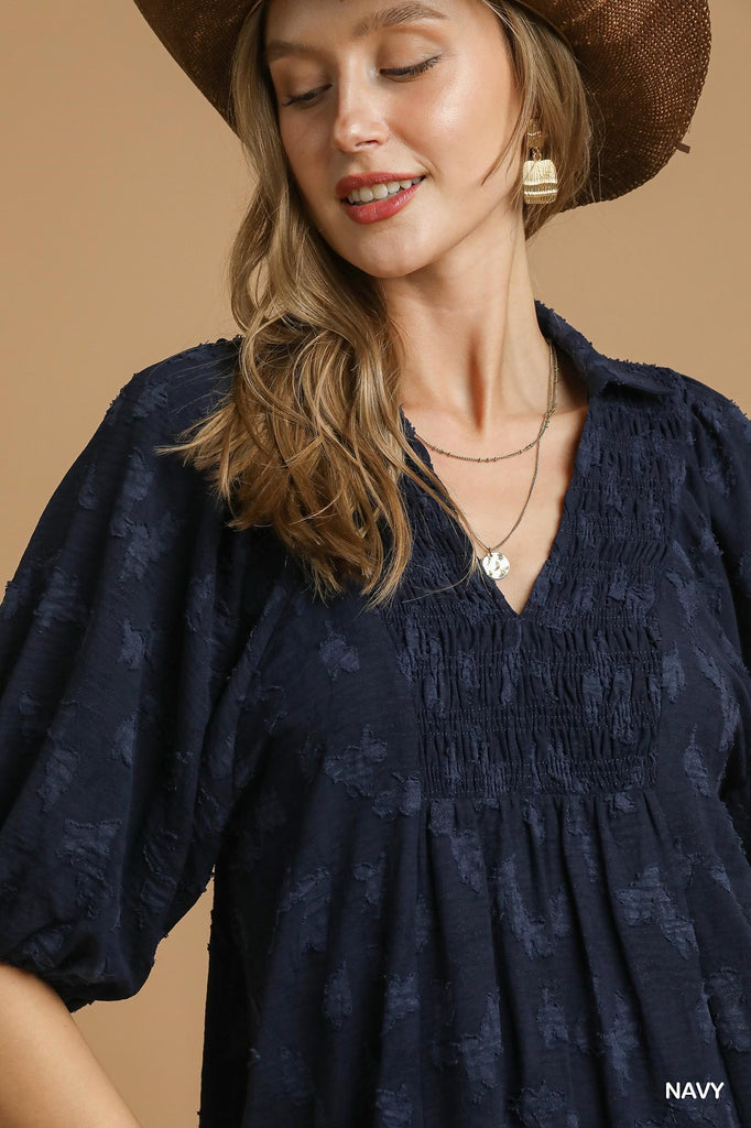 Navy Jacquard V Dress