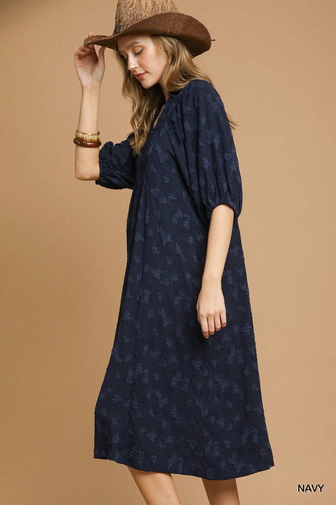 Navy Jacquard V Dress