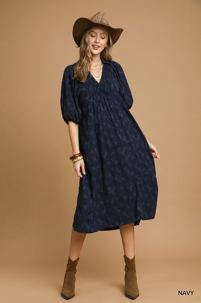 Navy Jacquard V Dress