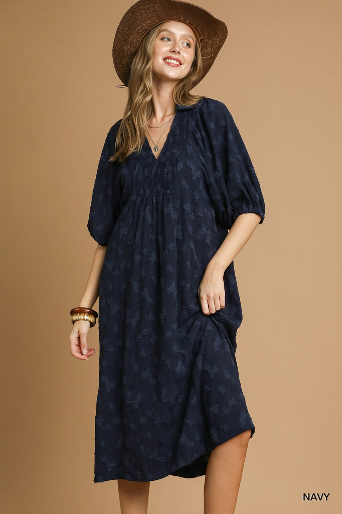 Navy Jacquard V Dress