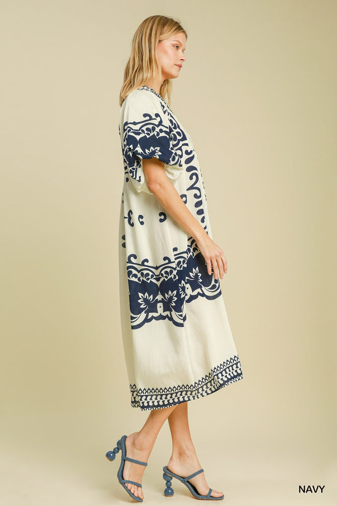 Navy Border Printed Dress