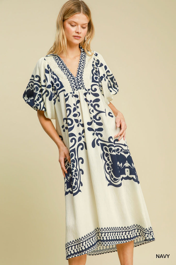 Navy Border Printed Dress