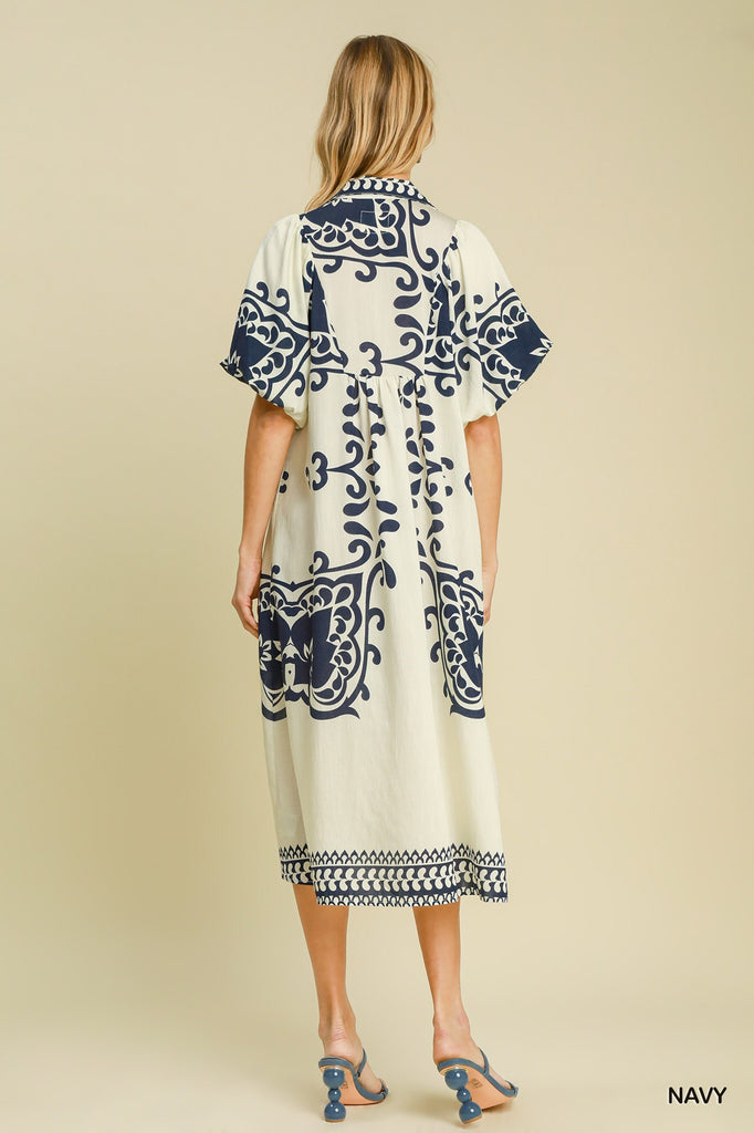 Navy Border Printed Dress