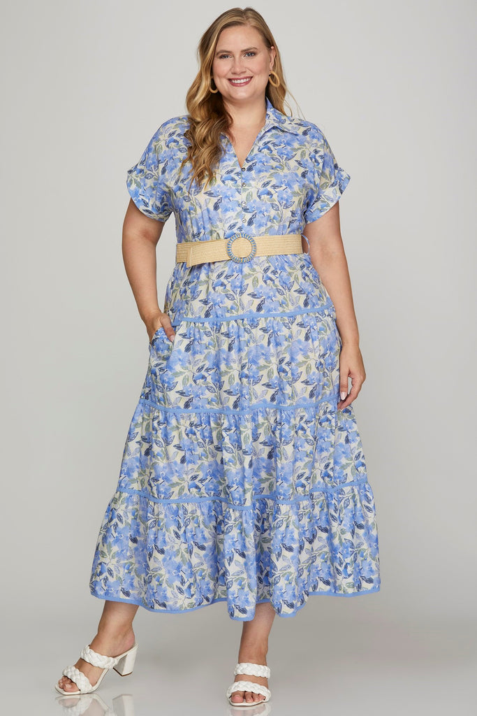 Blue Floral Belted Dress