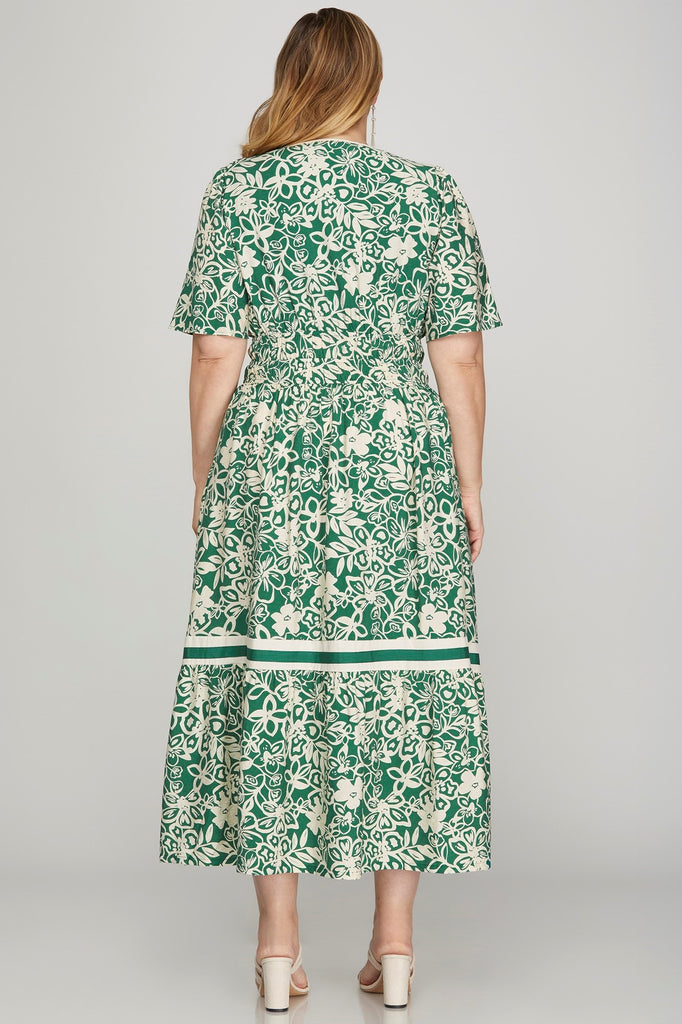 Green Cream Floral Midi Dress