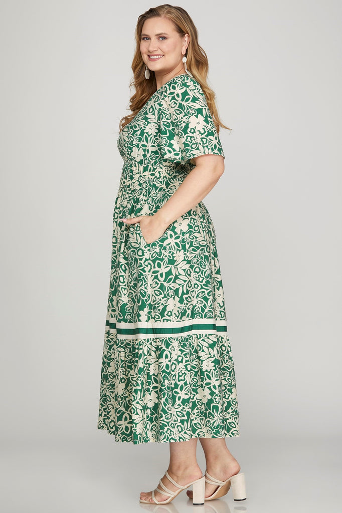 Green Cream Floral Midi Dress