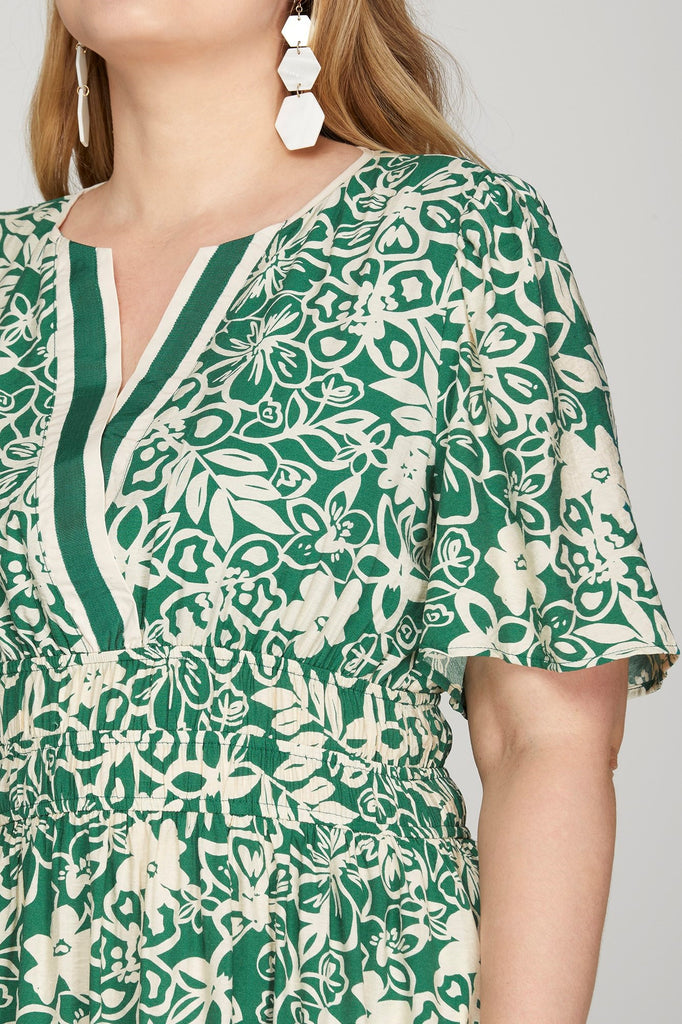 Green Cream Floral Midi Dress