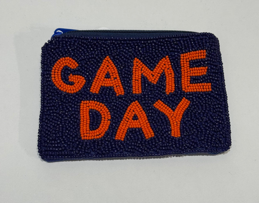 Navy Orange Game Day Beaded Coin Pouch