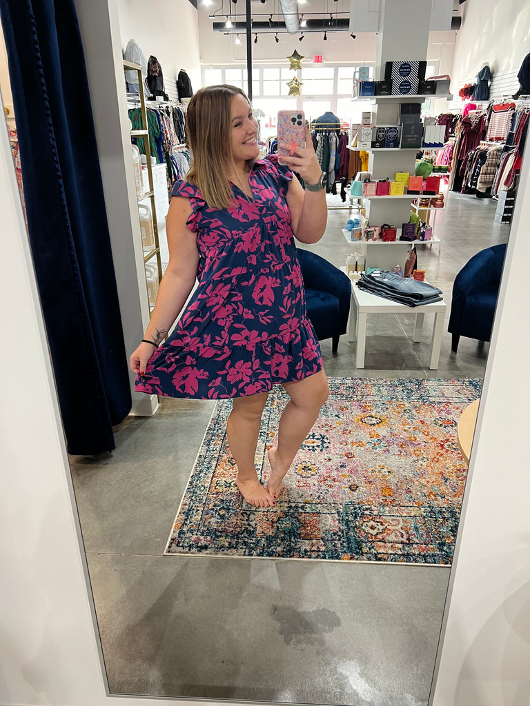 Navy Pink Floral Tiered Dress