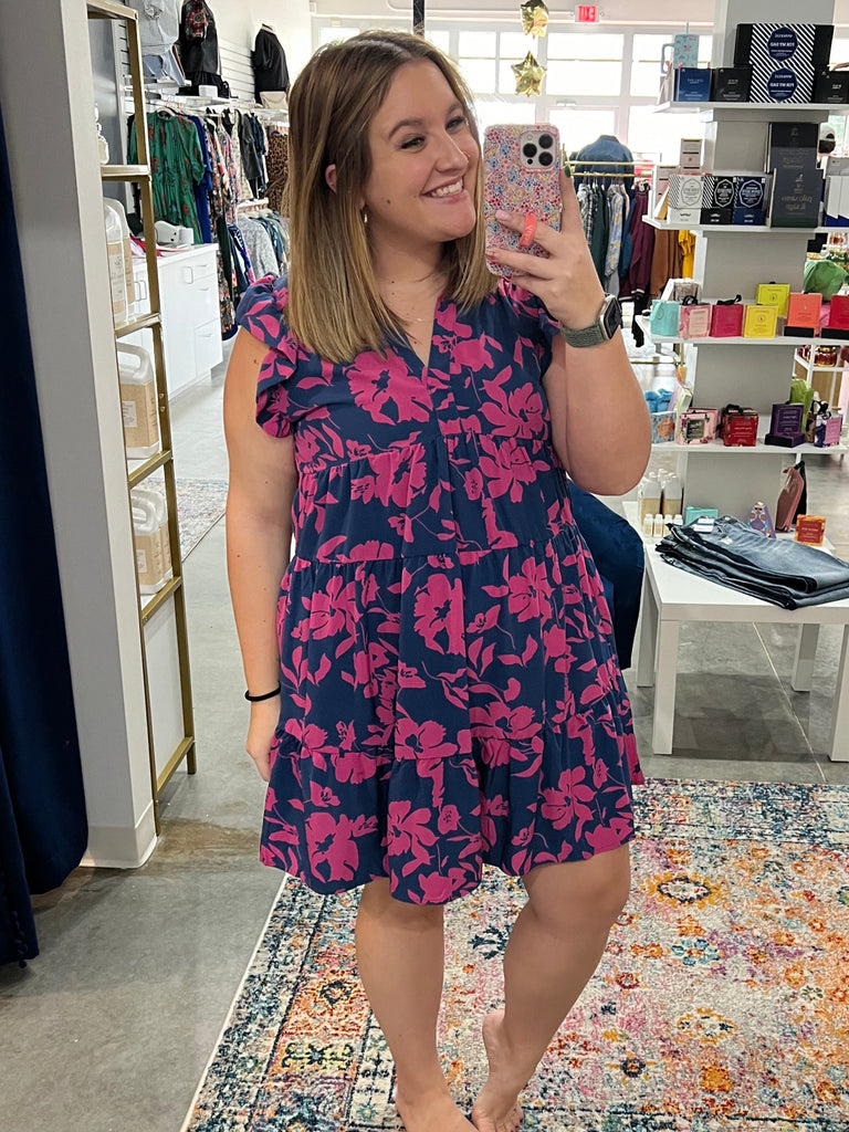 Navy Pink Floral Tiered Dress