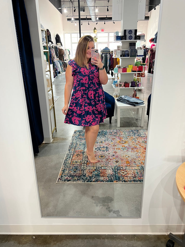 Navy Pink Floral Tiered Dress