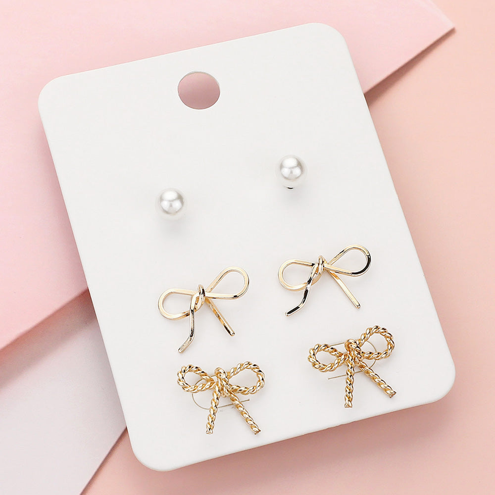 Pearl & Metal Bow Earring Set