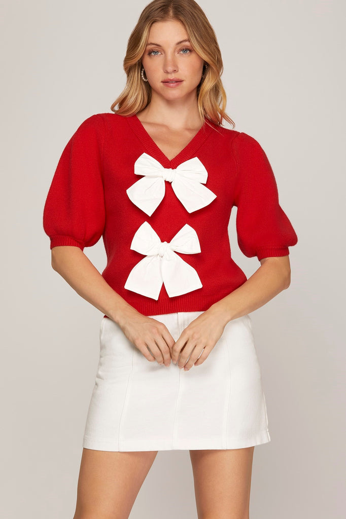 Bold Bow Sweater Top, Red or Pink