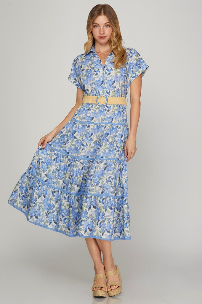 Blue Floral Belted Dress