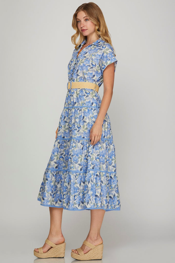 Blue Floral Belted Dress