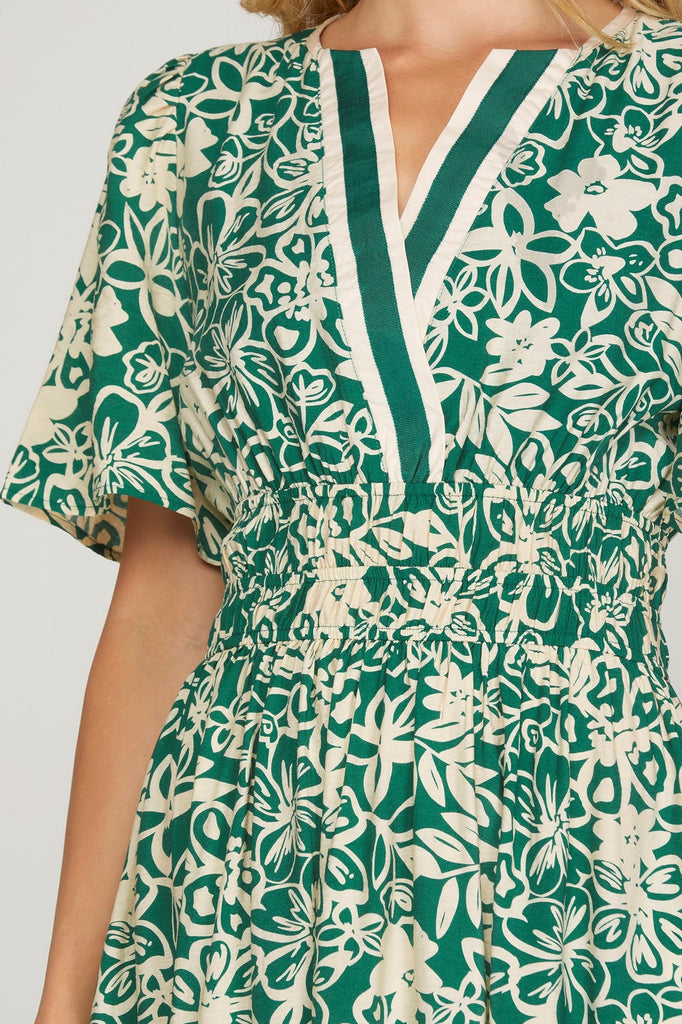 Green Cream Floral Midi Dress