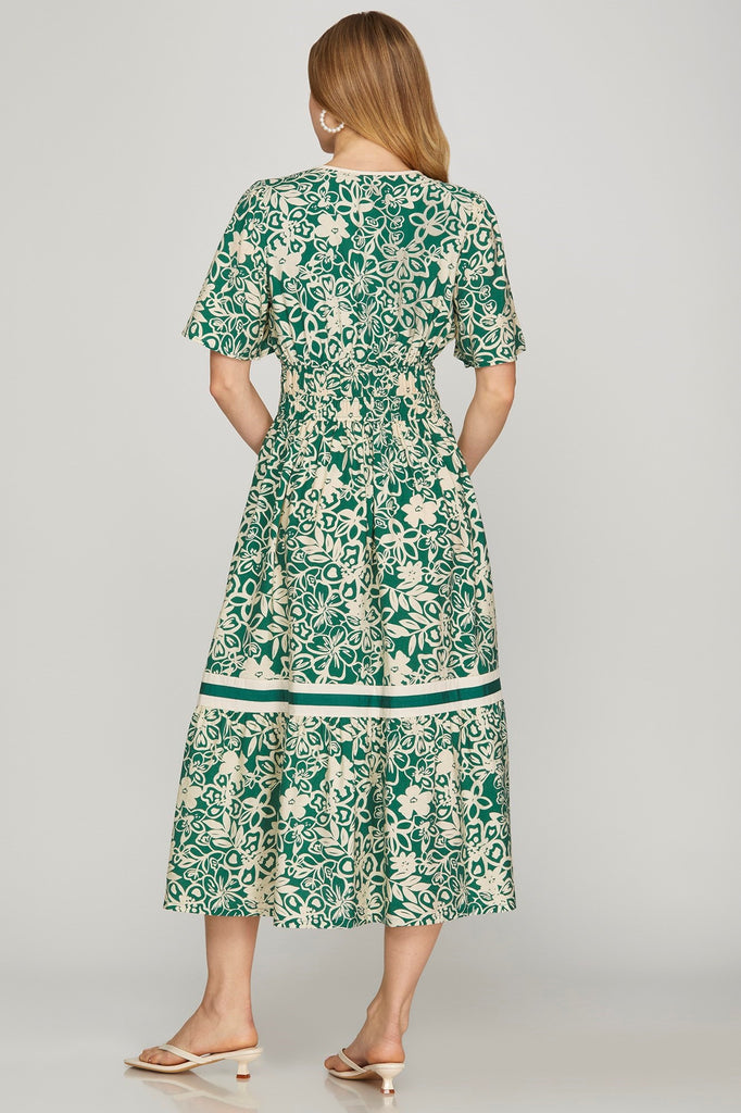 Green Cream Floral Midi Dress
