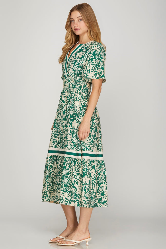 Green Cream Floral Midi Dress