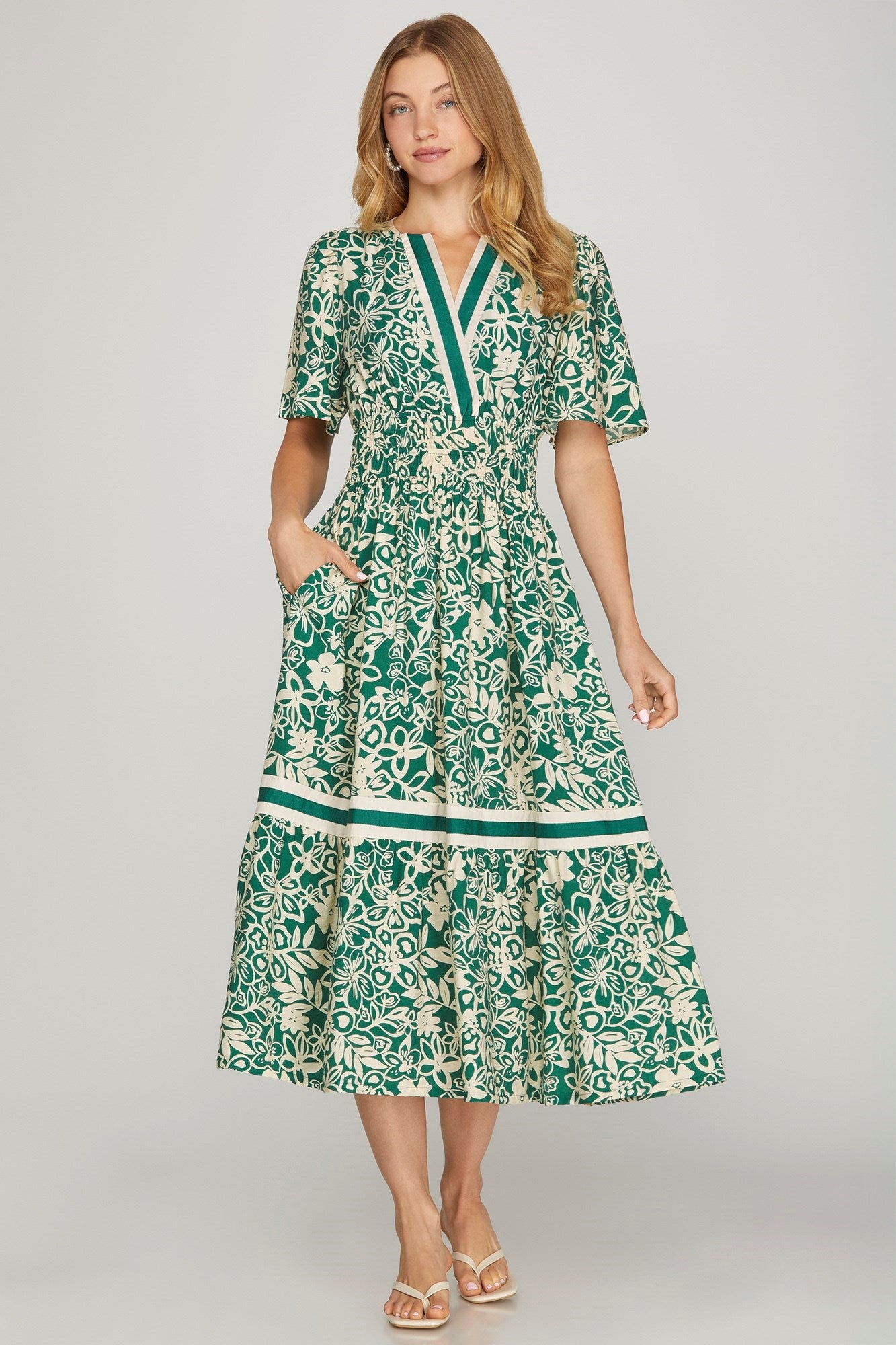 Green Cream Floral Midi Dress 2XL Green Cream Floral Midi Dress 2XL